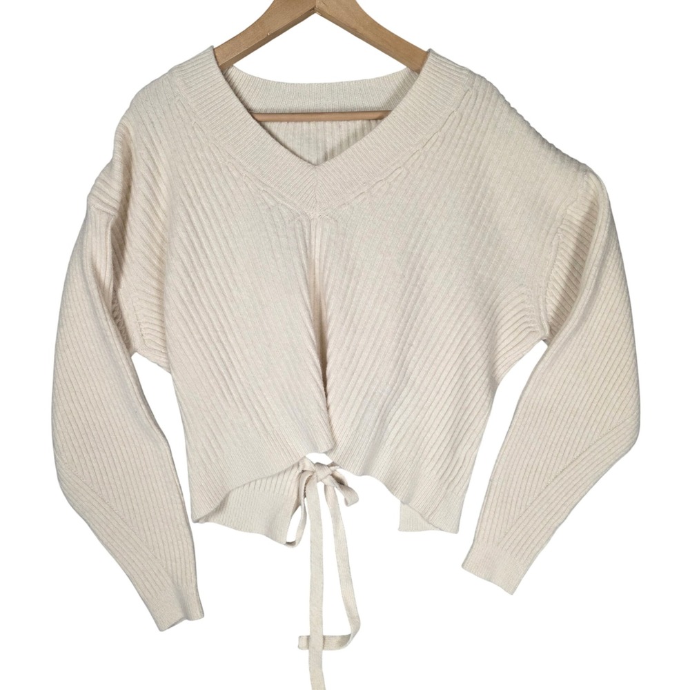 APIT Ribbed V-Neck Back Tie Crop Sweater Womens Cream Excellent See Measurements